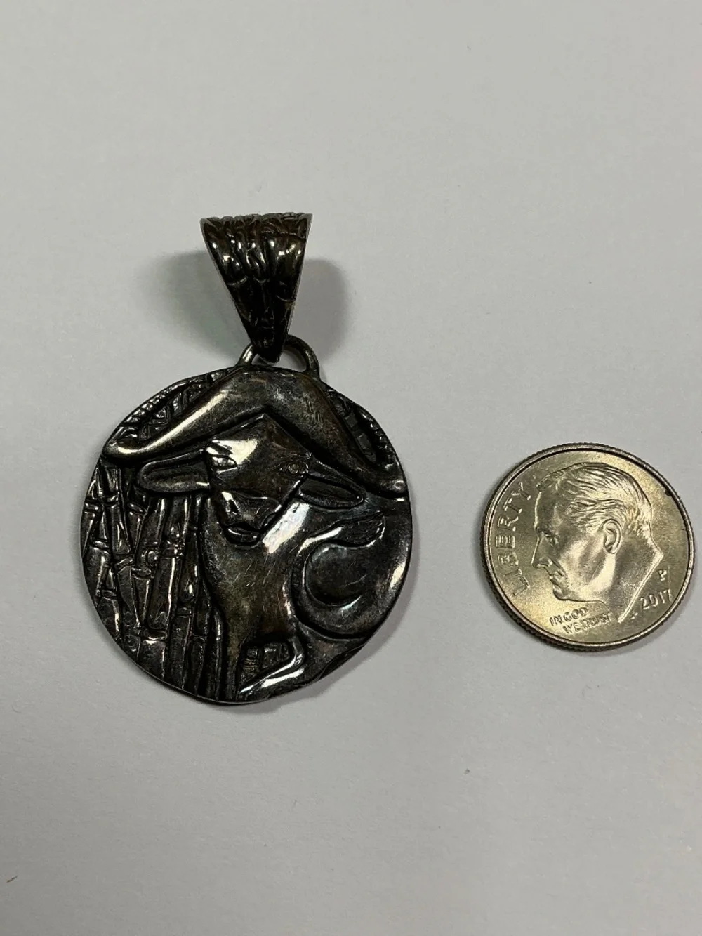 Sterling Silver Chinese Year Of The Ox 🐂 Pendant. 1 and 1/8 inch diameter